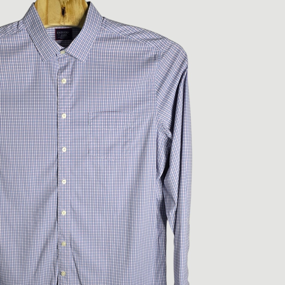 UNTUCKit Tall Regular X-Large Mens Blue Gingham Dress Shirt Button Down Casual